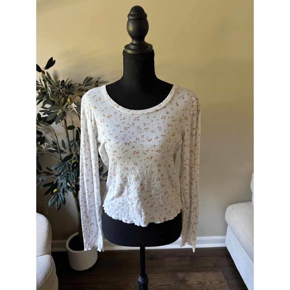 Pink Rose Womens Large Floral Pointelle Knit Long Sleeve Scoop Neck Top White